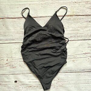 Pinkblush Black Ribbed Tie Waist Ruched Side Maternity One Piece Swimsuit Small